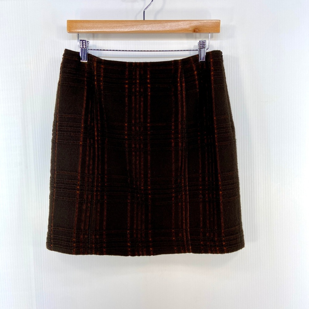 Yansi Fugel Brown Orange Plaid Wool Blend Mini Pencil Skirt Womens‎ 10